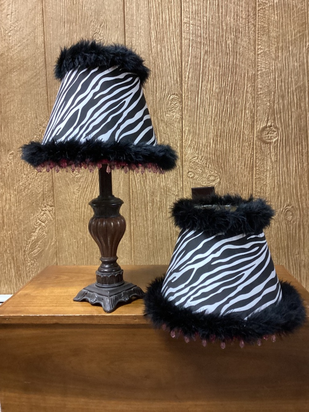 Custom Made Zebra Print w/Black Boa Feather Trim & Hot Pink Beading Lamp Shades